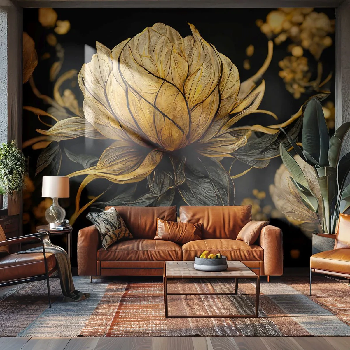 Fotomurali Premium Sand - Fiori dorati su sfondo nero - 100x70cm - Delicata fragilità - Decorazione murale moderna per soggiorno e camera da letto ARTTOR