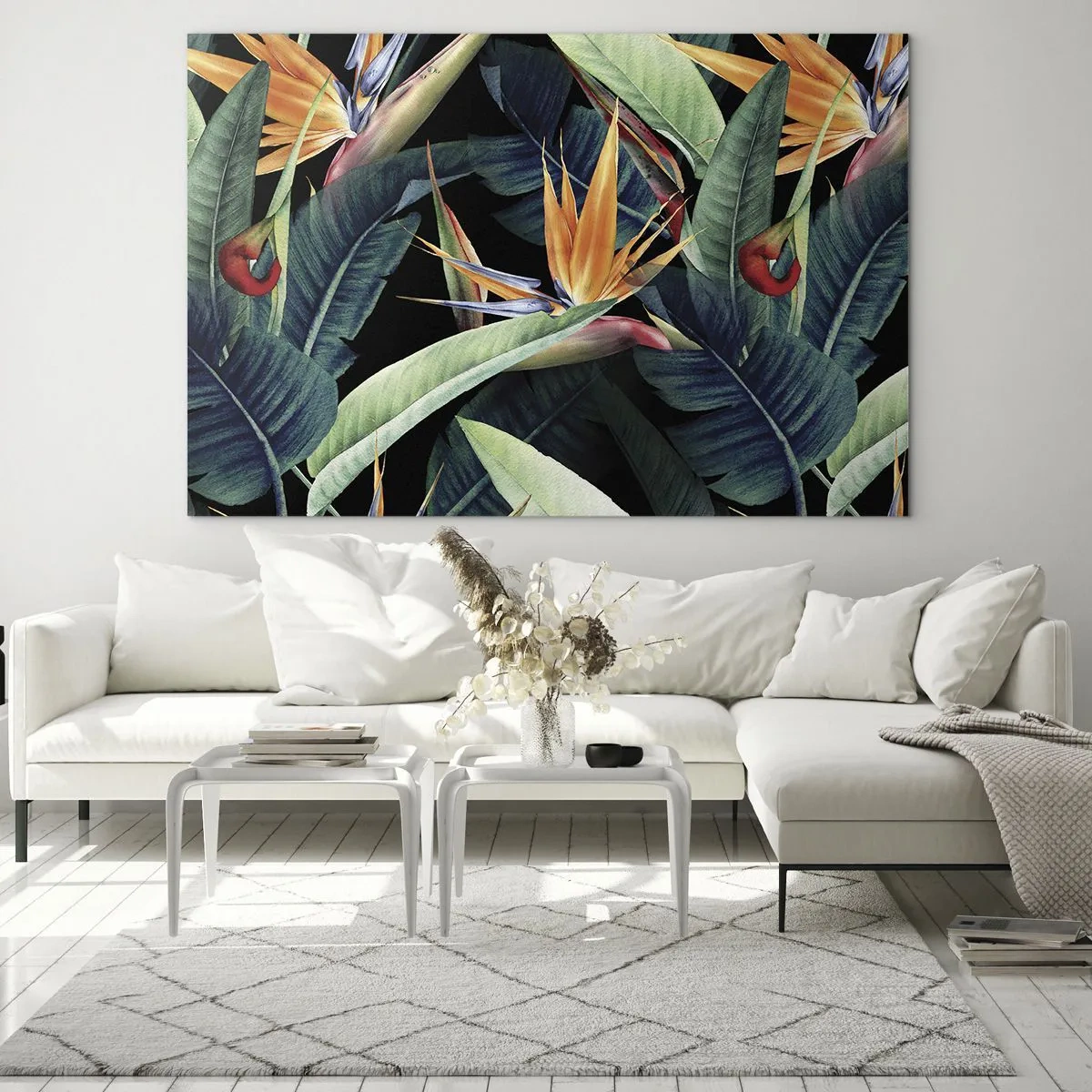 Quadro su vetro - Fiori di strelitzia e foglie tropicali su sfondo nero - 100x70cm - I fiori fiammeggianti dei tropici - Decorazione murale moderna per soggiorno e camera da letto ARTTOR