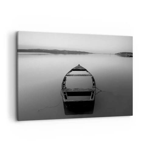 Quadro su tela - Stampe su Tela - Una barca solitaria su un lago calmo nei toni del bianco e del nero - 120x80cm - Nostalgia e malinconia - Decorazione murale moderna per soggiorno e camera da letto ARTTOR