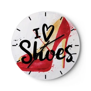 Orologio da parete - Orologio in Vetro - Una scarpa rossa con il tacco alto e la scritta "I love shoes". - 30x30cm - Gli amori sono tanti - Decorazione murale moderna per soggiorno, cucina e camera da letto ARTTOR