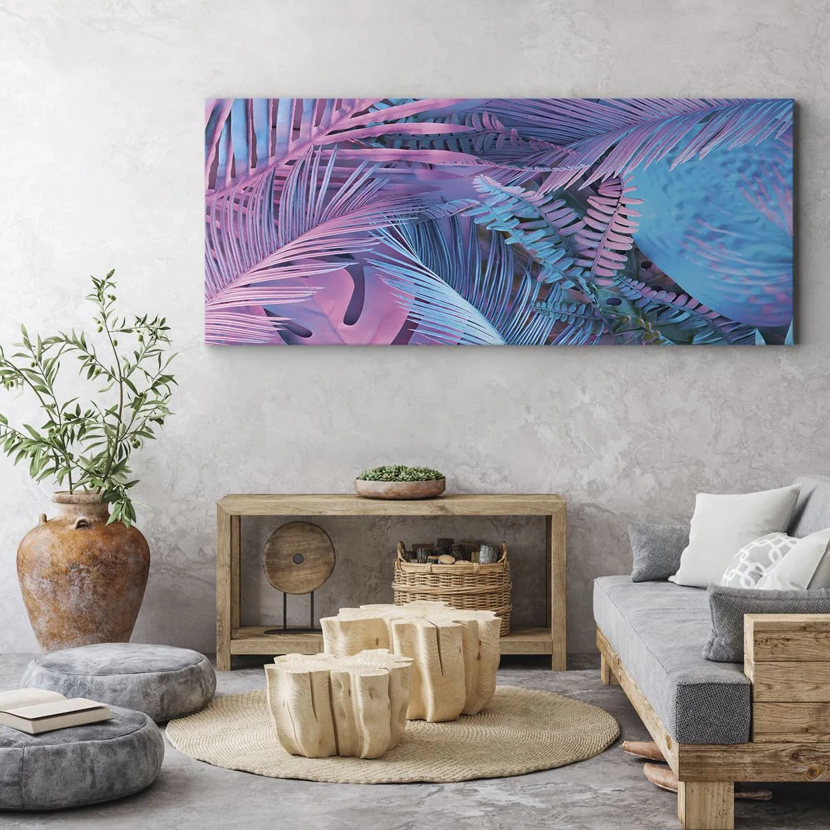 Quadro su tela - Stampe su Tela - Foglie tropicali nelle tonalità del rosa e del blu - 120x50cm - Tropici in rosa e blu - Decorazione murale moderna per soggiorno e camera da letto ARTTOR
