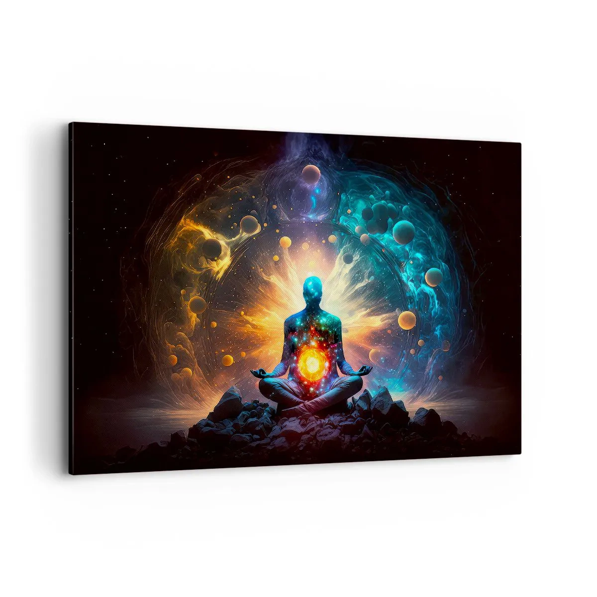 Quadro su tela - Stampe su Tela - Una figura in meditazione circondata da un'aura cosmica - 100x70cm - Pace cosmica - Decorazione murale moderna per soggiorno e camera da letto ARTTOR