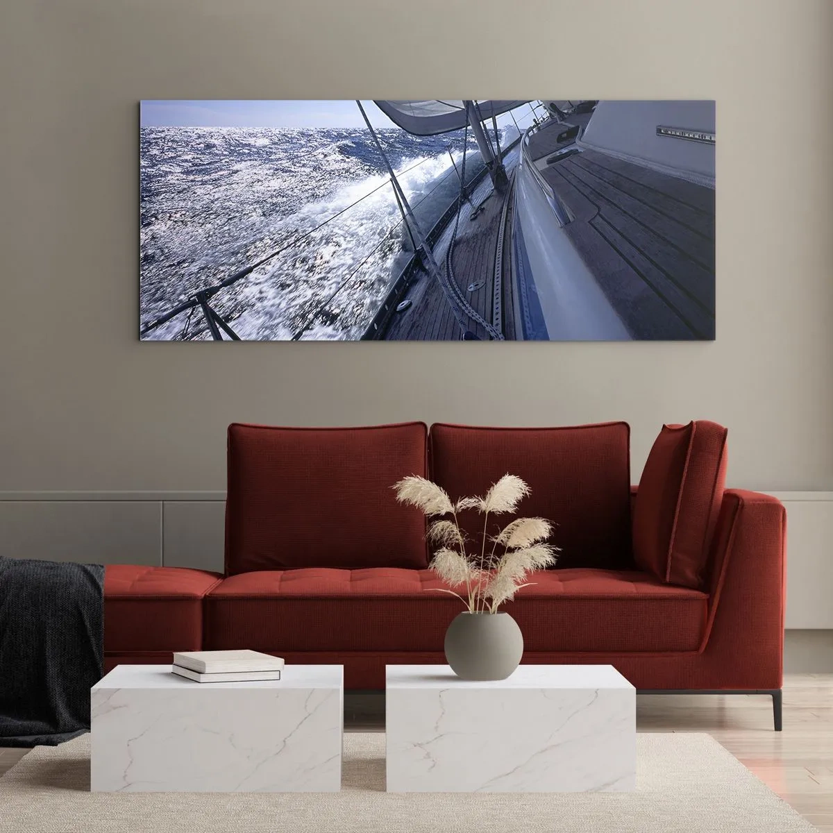 Quadro su vetro - Una barca a vela in un mare in tempesta con vele bianche e un ponte di legno. - 120x50cm - So cosa vuol dire volare - Decorazione murale moderna per soggiorno e camera da letto ARTTOR