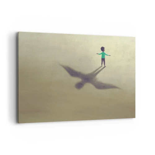 Quadro su tela - Stampe su Tela - Una figura simbolica di un bambino con l'ombra di un uccello su uno sfondo dalle tonalità calde. - 120x80cm - Eroe del futuro - Decorazione murale moderna per soggiorno e camera da letto ARTTOR