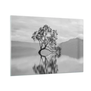 Quadro su vetro - Un albero solitario sull'acqua in un paesaggio in bianco e nero - 100x70cm - C'è un paese così - Decorazione murale moderna per soggiorno e camera da letto ARTTOR