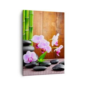 Quadro su tela - Stampe su Tela - Bambù in stile zen, pietre e orchidee rosa su uno sfondo di legno - 50x70cm - Scopri i piaceri dell'oriente - Decorazione murale moderna per soggiorno e camera da letto ARTTOR
