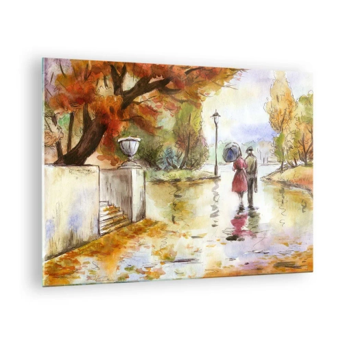 Quadro su vetro - Una passeggiata autunnale di una coppia in un parco con foglie colorate - 70x50cm - Autunno romantico nel parco - Decorazione murale moderna per soggiorno e camera da letto ARTTOR
