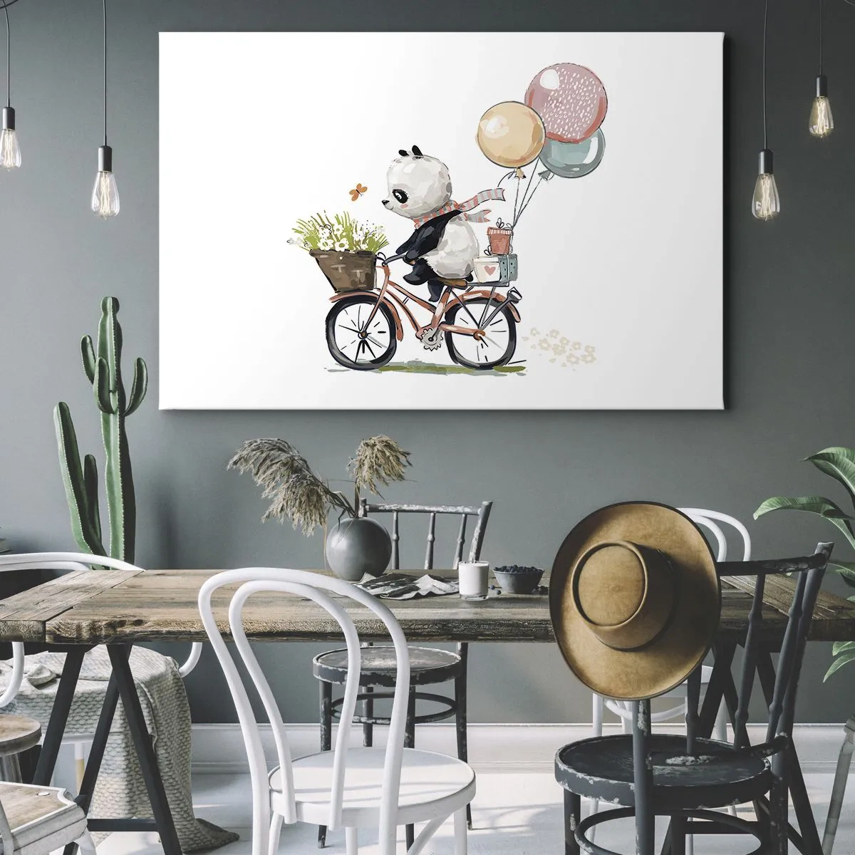 Quadro su tela - Stampe su Tela - Panda in bicicletta con palloncini e fiori - 70x50cm - Giorno felice - Decorazione murale moderna per soggiorno e camera da letto ARTTOR