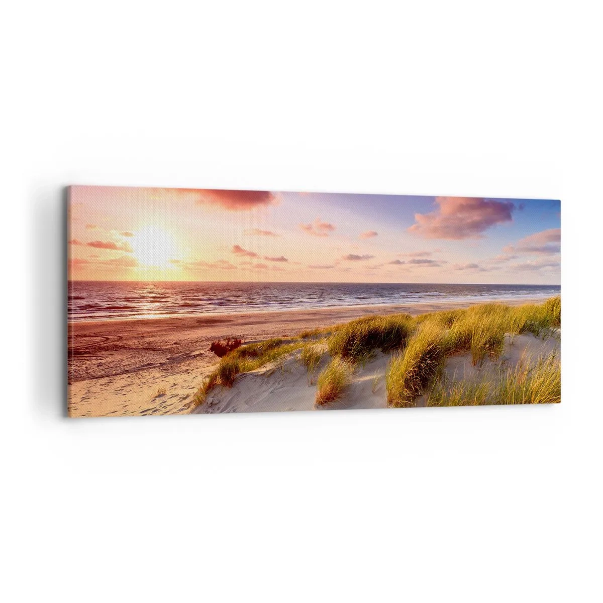 Quadro su tela - Stampe su Tela - Una spiaggia erbosa e un tramonto su un mare calmo - 120x50cm - L'aria già profuma di estate - Decorazione murale moderna per soggiorno e camera da letto ARTTOR