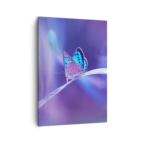 Quadro su tela - Stampe su Tela - Una delicata farfalla blu su uno stelo in luce viola - 50x70cm - Gioielli della natura - Decorazione murale moderna per soggiorno e camera da letto ARTTOR