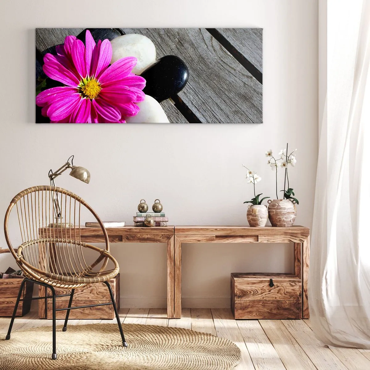 Quadro su tela - Stampe su Tela - Fiore rosa su uno sfondo di assi di legno con pietre - 160x50cm - Riposo sul molo - Decorazione murale moderna per soggiorno e camera da letto ARTTOR