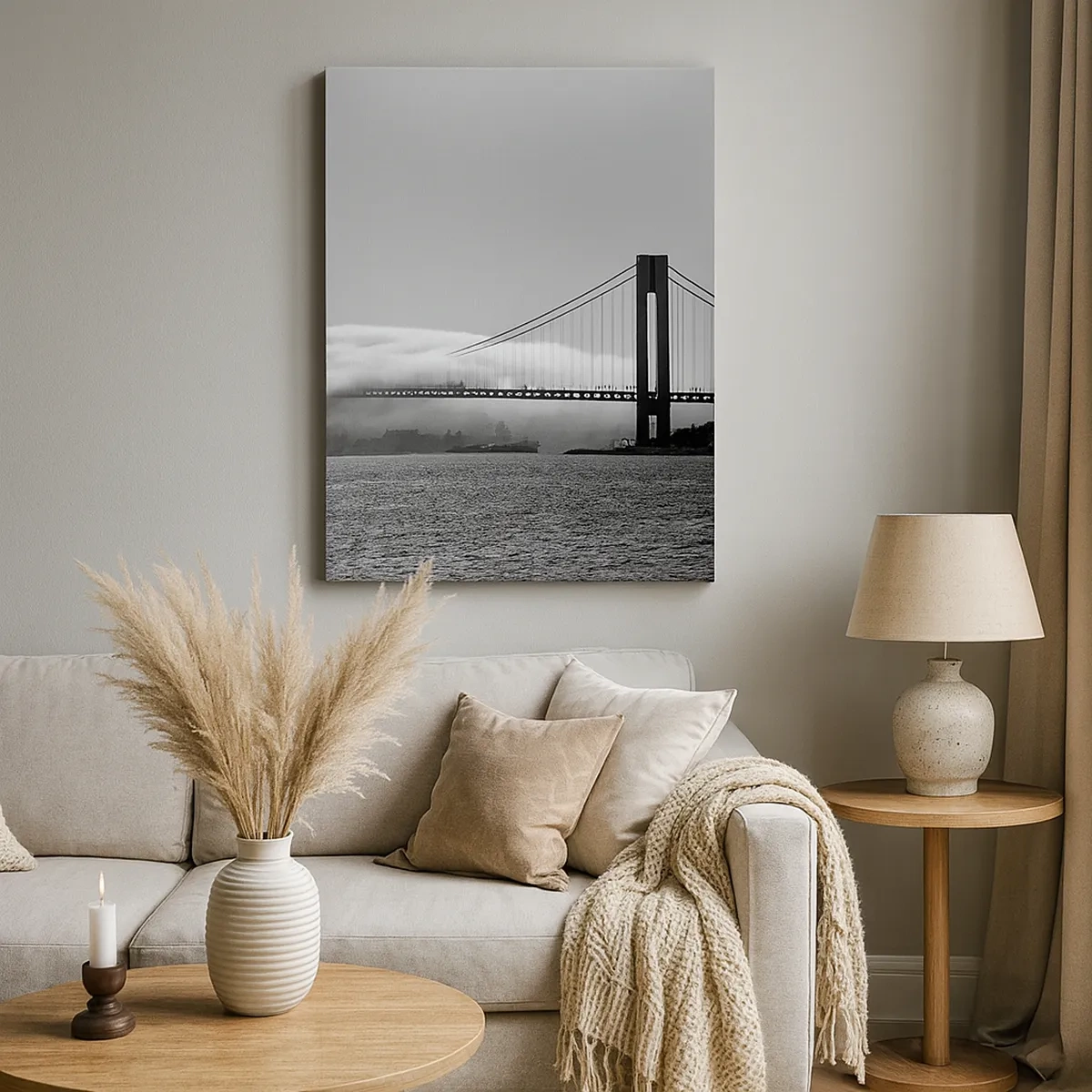 Quadro su tela - Stampe su Tela - Un ponte sull'acqua avvolto nella nebbia in uno scatto in bianco e nero - 50x70cm - Navigare attraverso la Porta d'Oro - Decorazione murale moderna per soggiorno e camera da letto ARTTOR