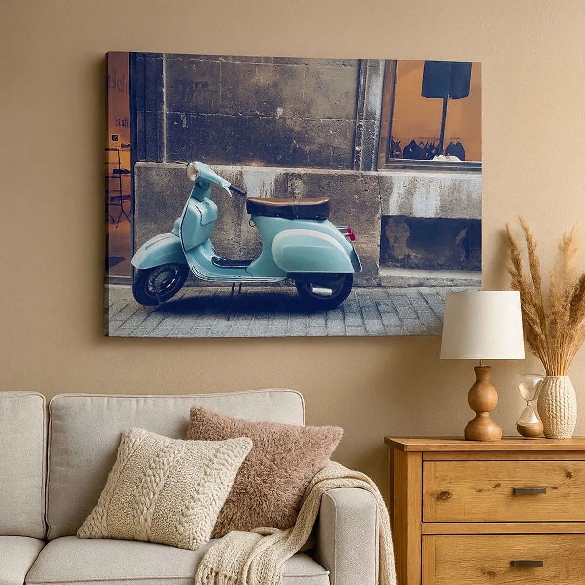 Quadro su tela - Stampe su Tela - Uno scooter retrò parcheggiato contro un muro di pietra - 70x50cm - Atmosfera indimenticabile - Decorazione murale moderna per soggiorno e camera da letto ARTTOR