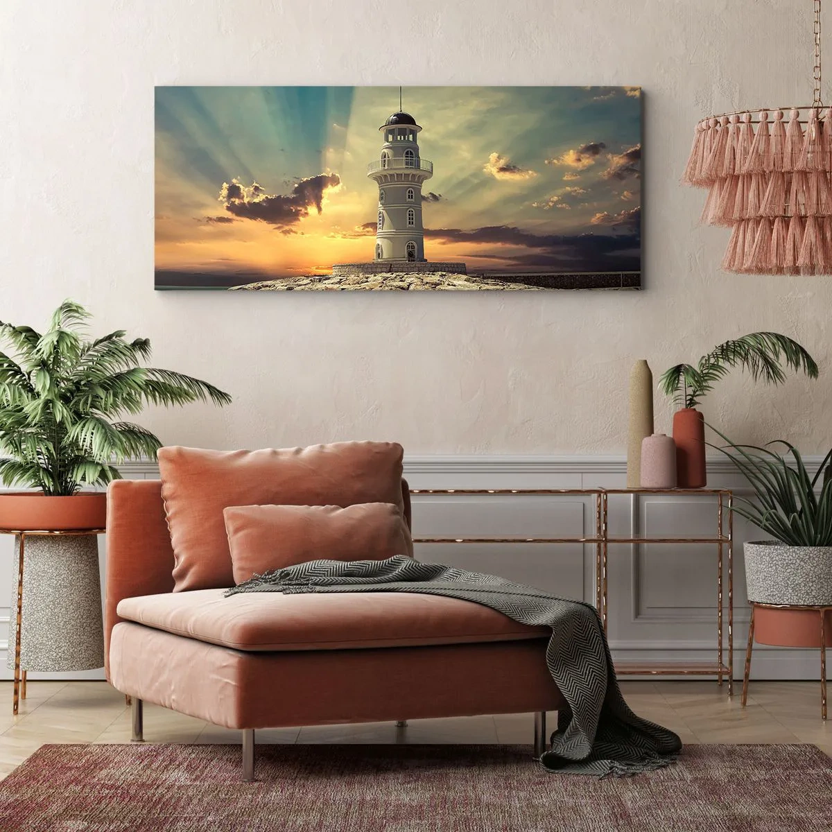 Quadro su tela - Stampe su Tela - Un faro al tramonto contro il cielo - 120x50cm - Luce - Bontà - Bellezza - Decorazione murale moderna per soggiorno e camera da letto ARTTOR