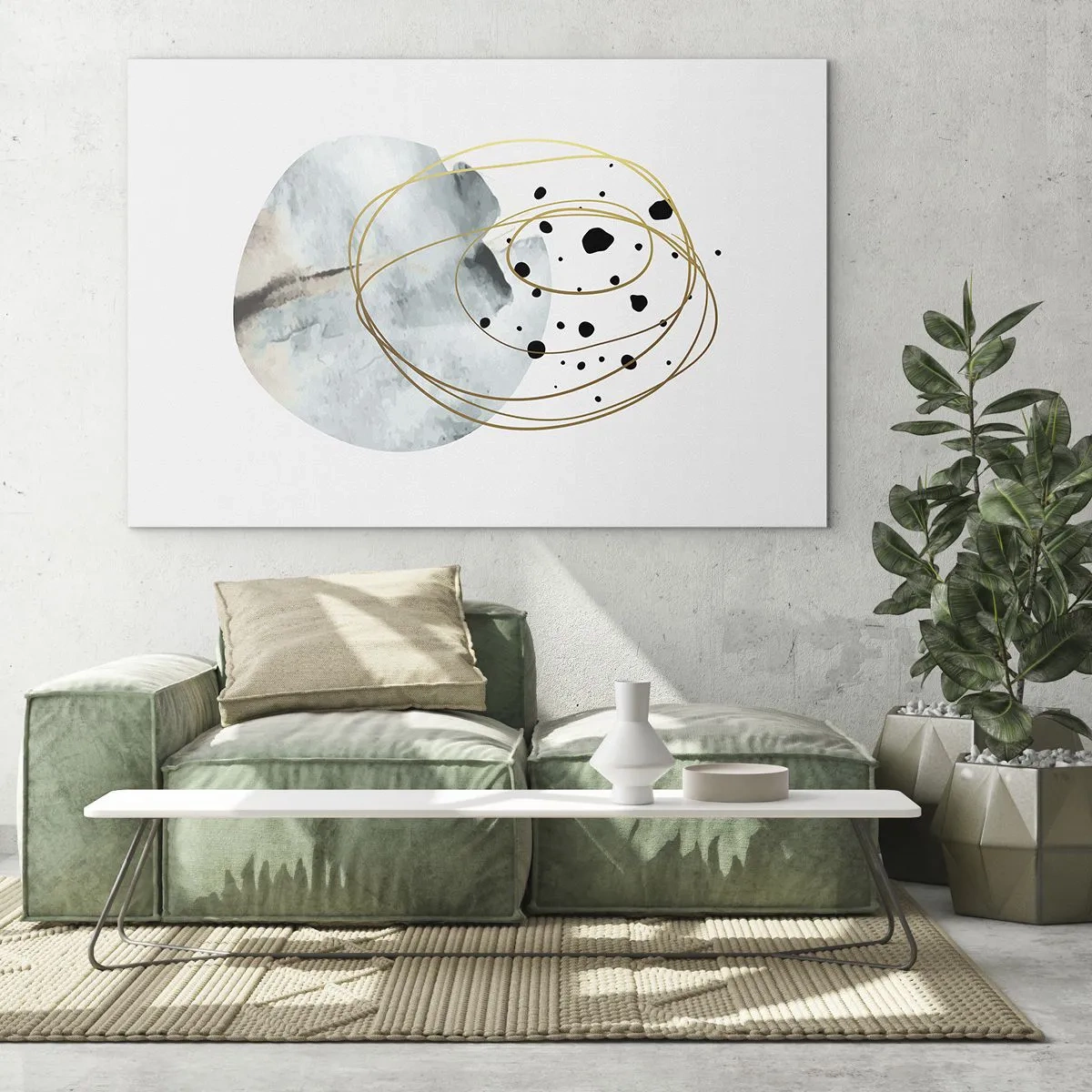 Quadro su vetro - Composizione astratta con una macchia blu e linee dorate - 120x80cm - Nell'abbraccio dello spazio - Decorazione murale moderna per soggiorno e camera da letto ARTTOR