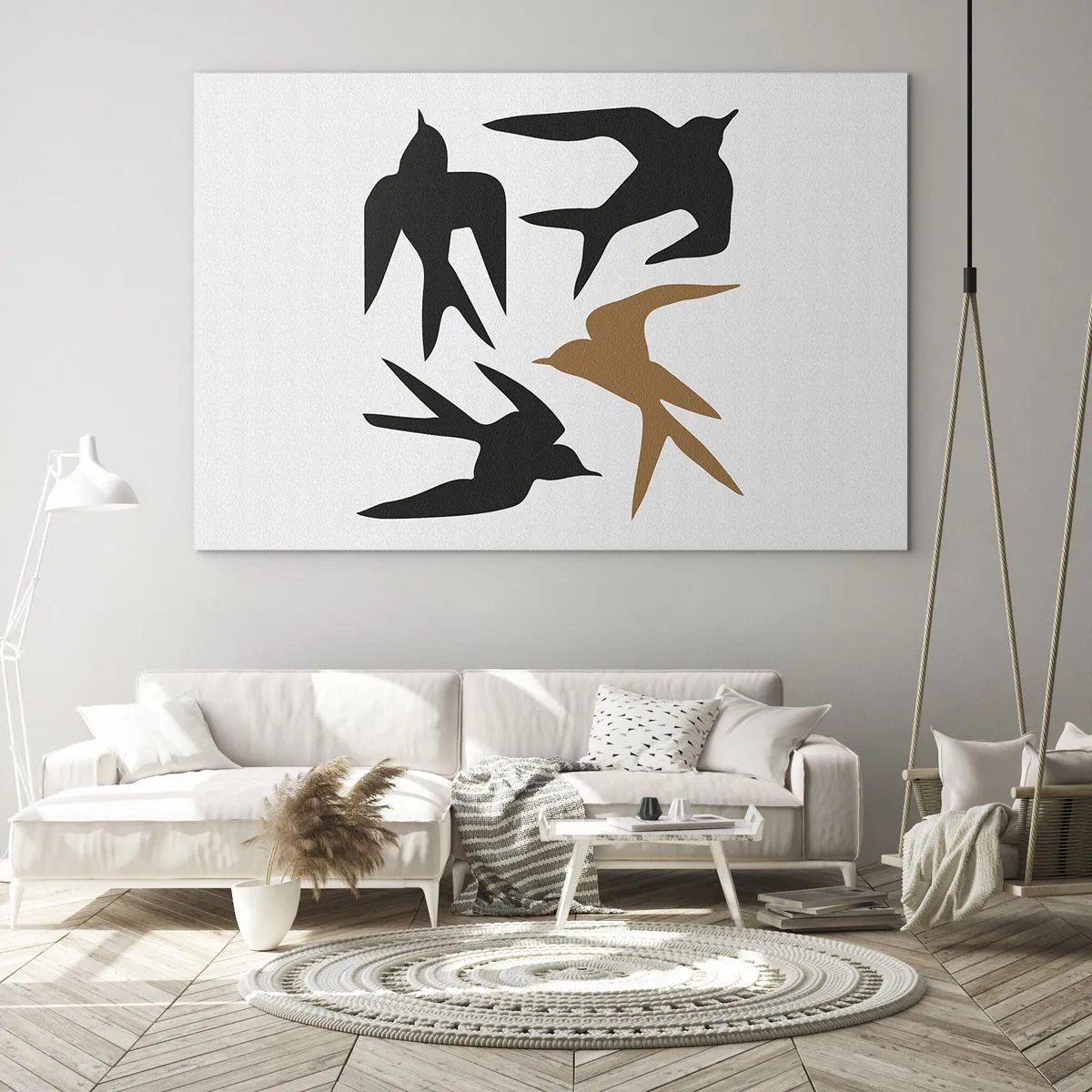 Quadro su vetro - Quattro rondini volanti in stile minimalista - 70x50cm - Giochi di rondini - Decorazione murale moderna per soggiorno e camera da letto ARTTOR