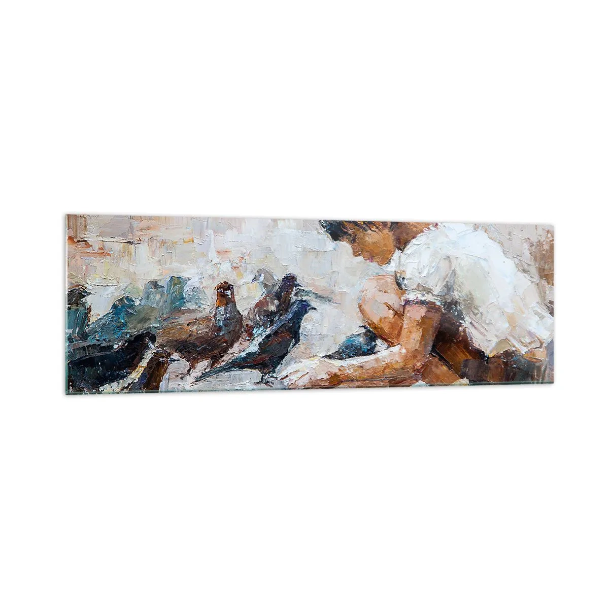 Quadro su vetro - Una ragazza che dà da mangiare agli uccelli in stile pittorico - 160x50cm - Piccoli e gentili - Decorazione murale moderna per soggiorno e camera da letto ARTTOR