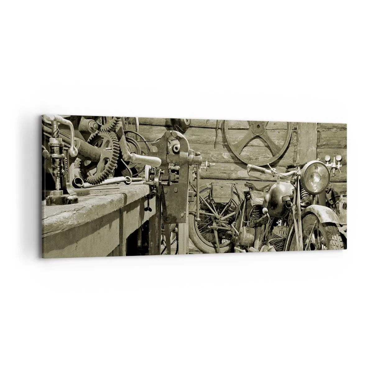 Quadro su tela - Stampe su Tela - Officina retrò con motociclette e attrezzi - 120x50cm - Nel capanno di zio Alfredo - Decorazione murale moderna per soggiorno e camera da letto ARTTOR