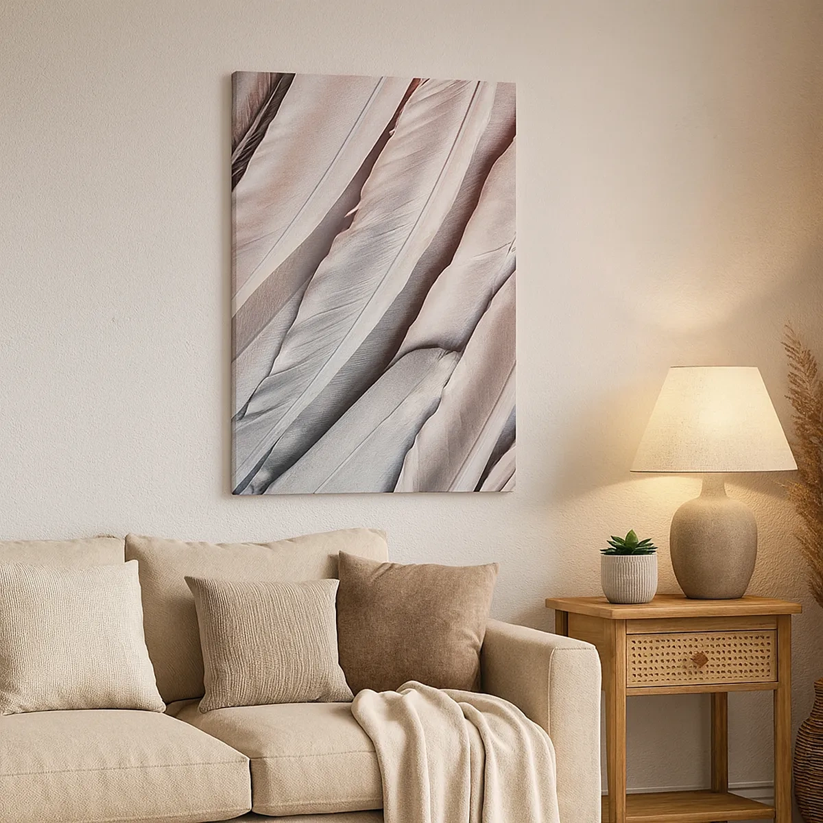 Quadro su tela - Stampe su Tela - Piume delicate in sottili tonalità di grigio e beige - 50x70cm - Argento rosato - Decorazione murale moderna per soggiorno e camera da letto ARTTOR