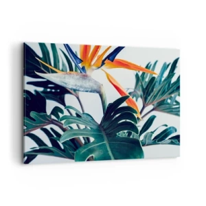 Quadro su tela - Stampe su Tela - Fiore di Strelitzia circondato da foglie in piena luce - 120x80cm - Pianta uccello - Decorazione murale moderna per soggiorno e camera da letto ARTTOR
