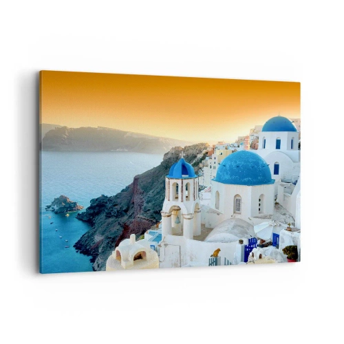 Quadro su tela - Stampe su Tela - Vista di Santorini con edifici bianchi e mare blu - 100x70cm - Santorini: aggrappate alle rocce - Decorazione murale moderna per soggiorno e camera da letto ARTTOR