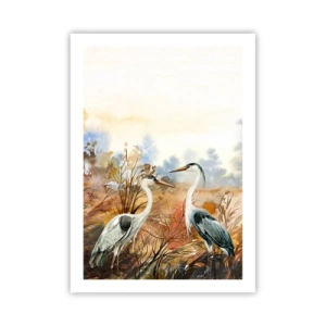 Poster - Gru sullo sfondo di un paesaggio autunnale in acquerello - 50x70cm - Dove in autunno? - Decorazione murale moderna per soggiorno e camera da letto ARTTOR