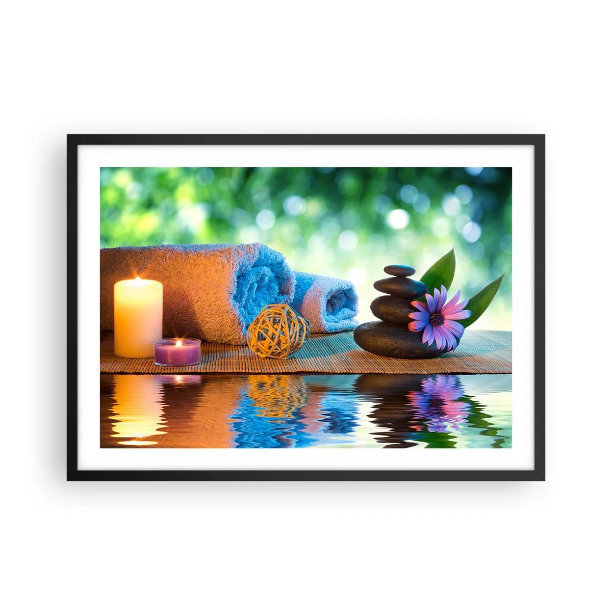 Poster in cornice nera - Set SPA rilassante con asciugamani, candele e pietre - 70x50cm - Tempo per il corpo - Decorazione murale moderna per soggiorno e camera da letto ARTTOR