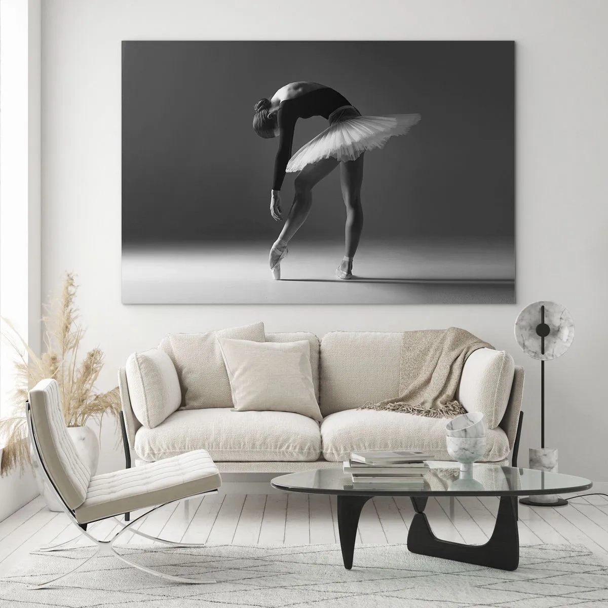 Quadro su vetro - Silhouette in bianco e nero di una ballerina in una posa aggraziata - 70x50cm - Bella ballerina - Decorazione murale moderna per soggiorno e camera da letto ARTTOR
