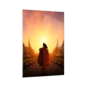 Quadro su vetro - Un monaco tra i templi al tramonto - 70x100cm - In pace per l'eternità - Decorazione murale moderna per soggiorno e camera da letto ARTTOR