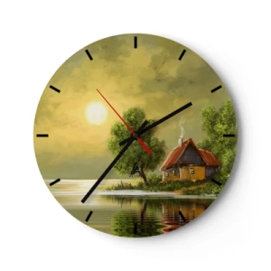 Orologio da parete - Orologio in Vetro - Un grazioso cottage sul lago circondato dal verde al tramonto - 30x30cm - Bello come un quadro - Decorazione murale moderna per soggiorno, cucina e camera da letto ARTTOR
