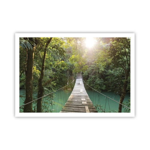 Poster - Un ponte sospeso in una foresta tropicale illuminato dalla luce del sole. - 100x70cm - Sull'acqua azzurra verso il bosco azzurro - Decorazione murale moderna per soggiorno e camera da letto ARTTOR