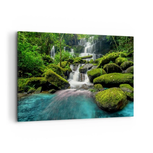 Quadro su tela - Stampe su Tela - Una cascata tropicale circondata dal verde e dall'acqua turchese - 100x70cm - Turchese, zaffiro e argento liquido - Decorazione murale moderna per soggiorno e camera da letto ARTTOR