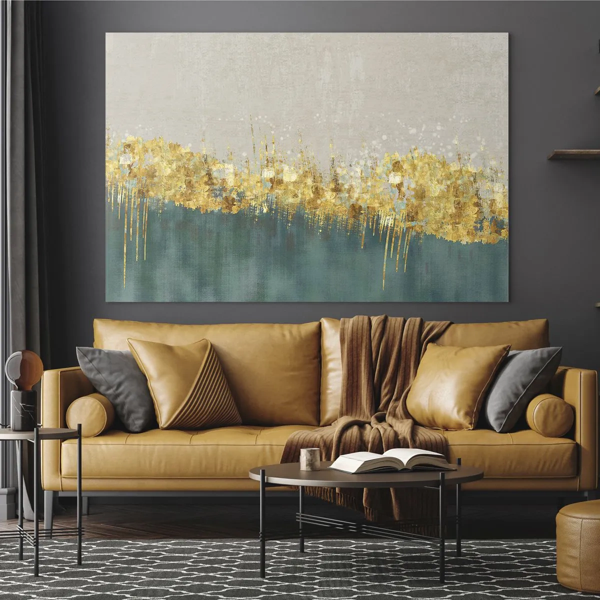 Quadro su vetro - Gli accenti dorati creano un confine tra il beige e il verde bottiglia - 120x80cm - Confine dorato - Decorazione murale moderna per soggiorno e camera da letto ARTTOR