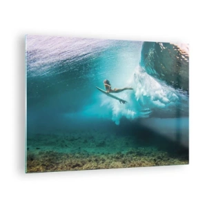 Quadro su vetro - Surfista sott'acqua tra le onde con una tavola da surf - 70x50cm - Mondo subacqueo - Decorazione murale moderna per soggiorno e camera da letto ARTTOR
