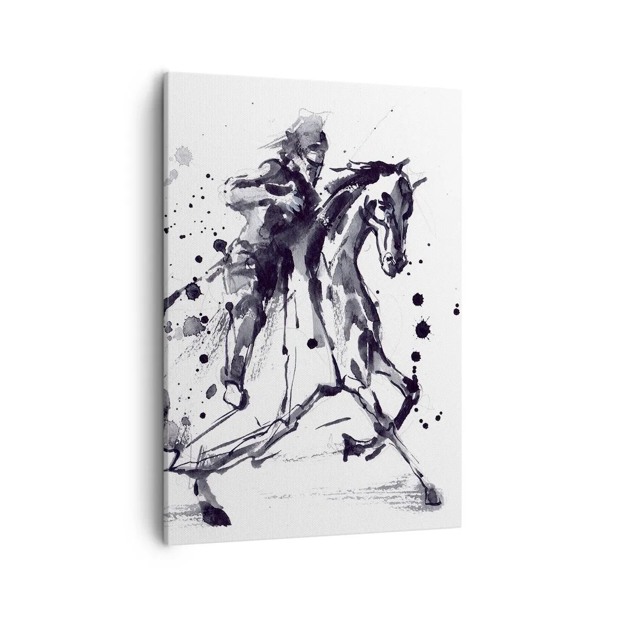 Quadro su tela - Stampe su Tela - Acquerello in bianco e nero di un cavaliere su un cavallo al galoppo - 50x70cm - Il cavaliere nero - Decorazione murale moderna per soggiorno e camera da letto ARTTOR