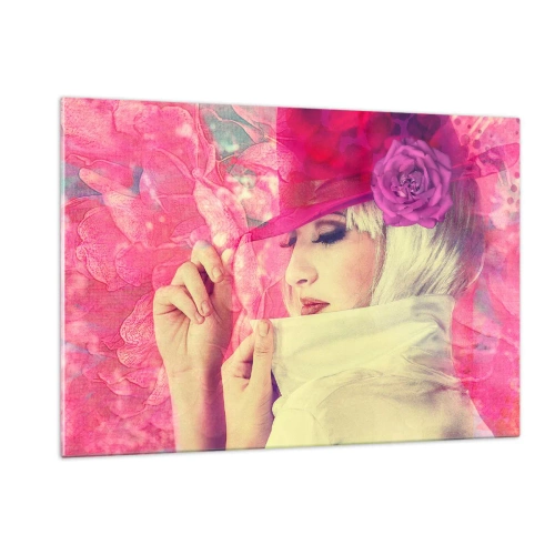 Quadro su vetro - Illustrazione di una donna con un cappello rosa e un fiore sullo sfondo - 120x80cm - Ritratto retro nei vapori di rosa - Decorazione murale moderna per soggiorno e camera da letto ARTTOR
