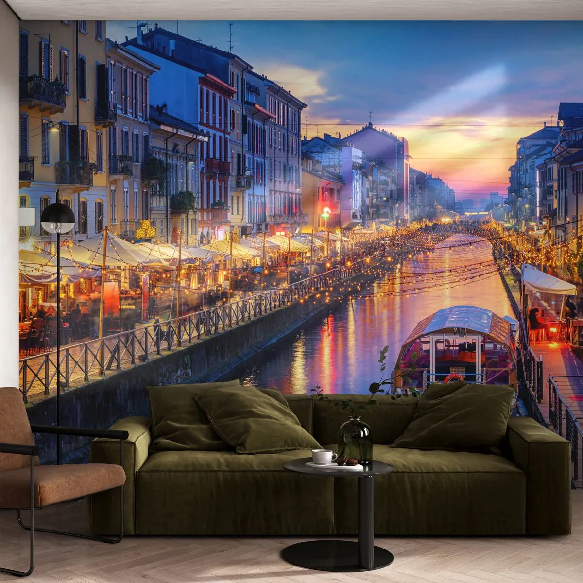 Fotomurali Premium Sand - Una vista incantevole sul canale - 100x70cm - Sera di luce e di divertimento - Decorazione murale moderna per soggiorno e camera da letto ARTTOR