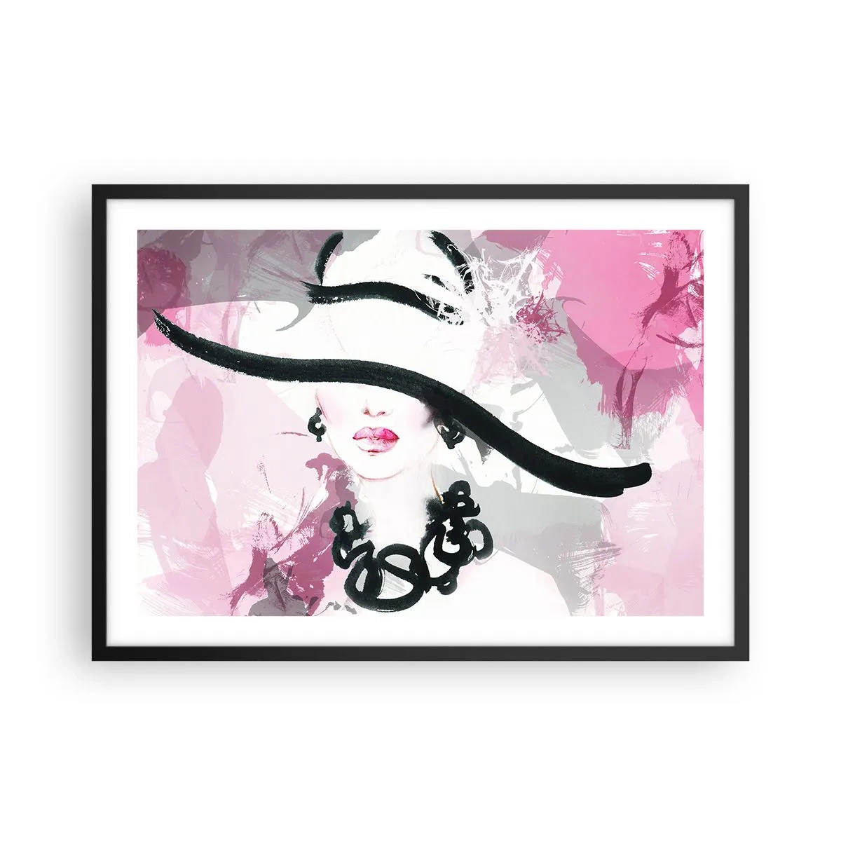 Poster in cornice nera - Una donna elegante con un cappello su uno sfondo di astrazioni rosa. - 70x50cm - Ritratto di donna in nero e rosa - Decorazione murale moderna per soggiorno e camera da letto ARTTOR