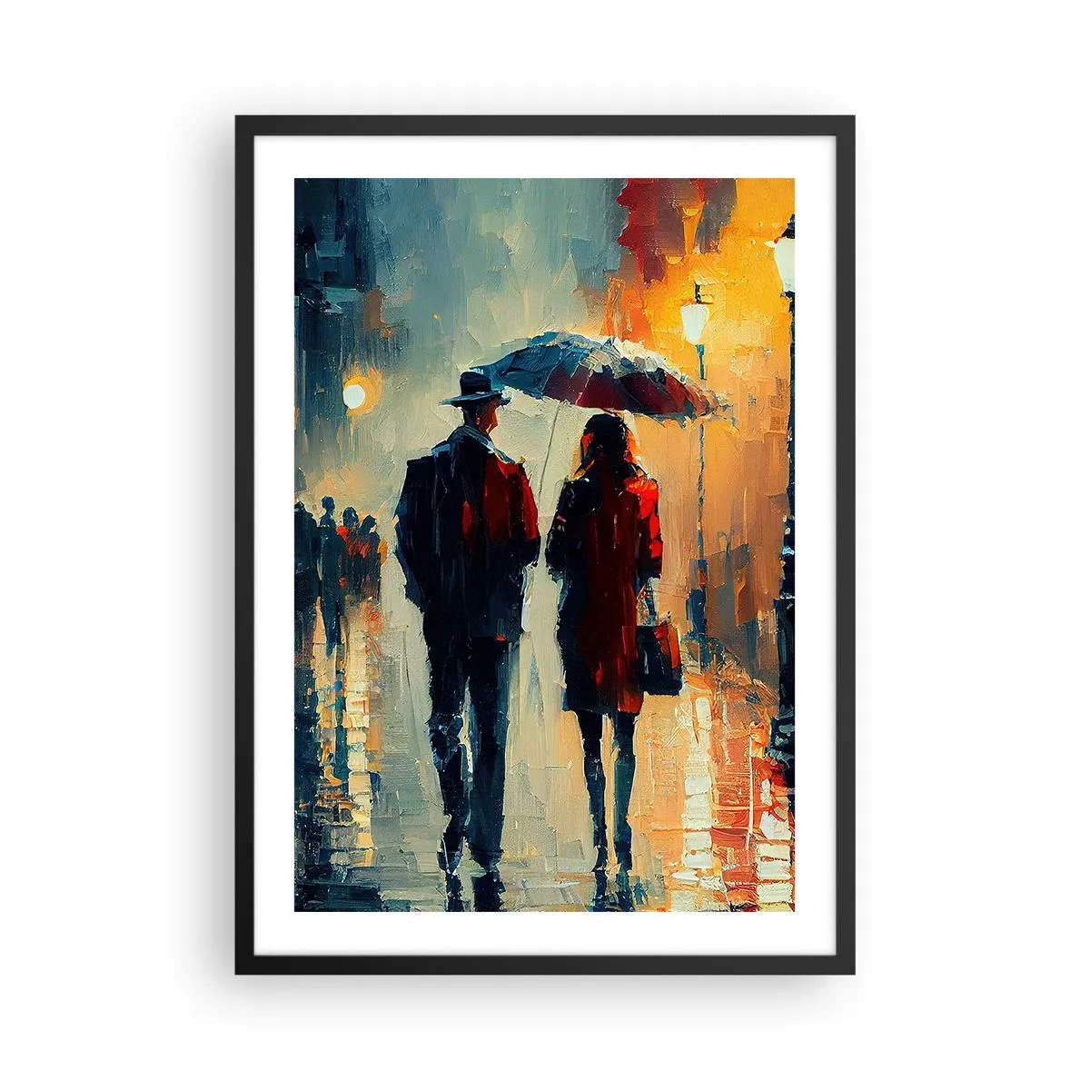 Poster in cornice nera - Coppia romantica sotto un ombrello sotto la pioggia - 50x70cm - Love story cittadina - Decorazione murale moderna per soggiorno e camera da letto ARTTOR