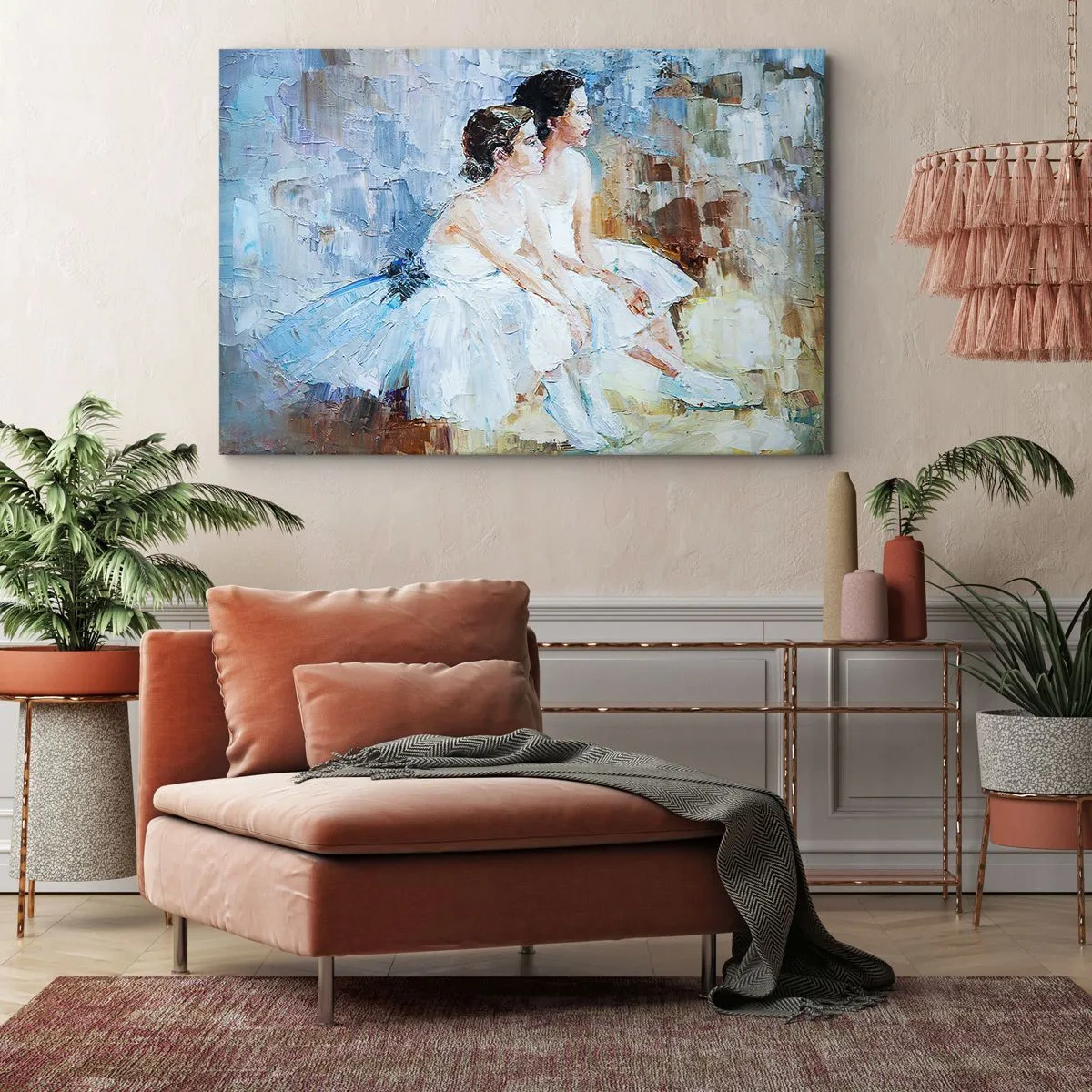 Quadro su tela - Stampe su Tela - Due ballerine in abiti bianchi si rilassano su uno sfondo pastello. - 100x70cm - Il riposo dei giovani cigni - Decorazione murale moderna per soggiorno e camera da letto ARTTOR