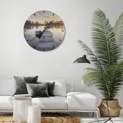 Orologio da parete - Orologio in Vetro - Un molo con una barca all'alba sul lago - 30x30cm - Tornerò un giorno - Decorazione murale moderna per soggiorno, cucina e camera da letto ARTTOR
