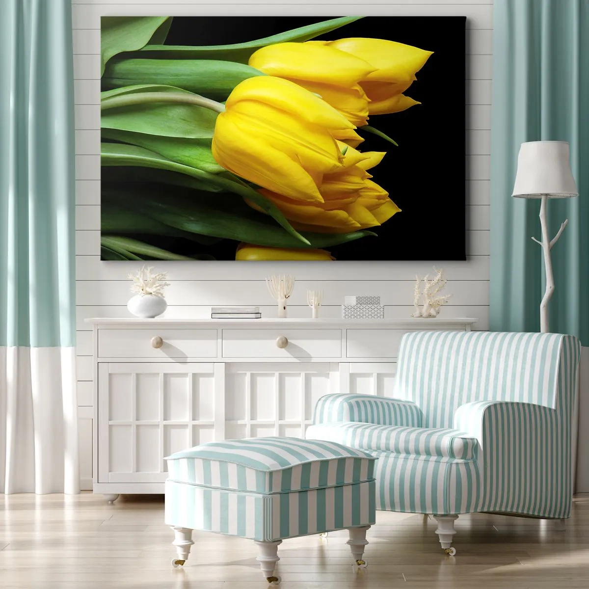 Quadro su tela - Stampe su Tela - Un mazzo di tulipani gialli su sfondo nero - 120x80cm - Fatti di puro sole - Decorazione murale moderna per soggiorno e camera da letto ARTTOR