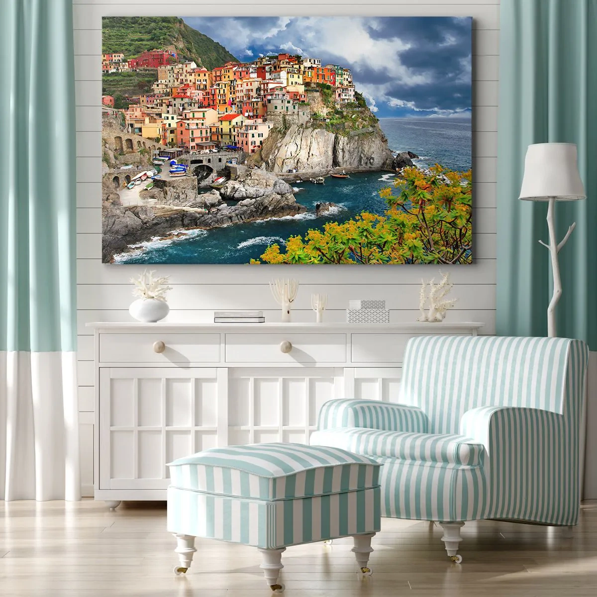 Quadro su tela - Stampe su Tela - Case colorate su una scogliera a picco sul mare nelle Cinque Terre - 70x50cm - Aggrappate alla roccia - Decorazione murale moderna per soggiorno e camera da letto ARTTOR