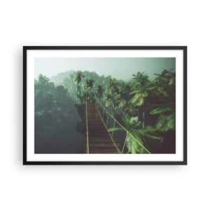 Poster in cornice nera - Un ponte sospeso in una foresta tropicale circondato dalla nebbia. - 70x50cm - Nel vortice del verde - Decorazione murale moderna per soggiorno e camera da letto ARTTOR