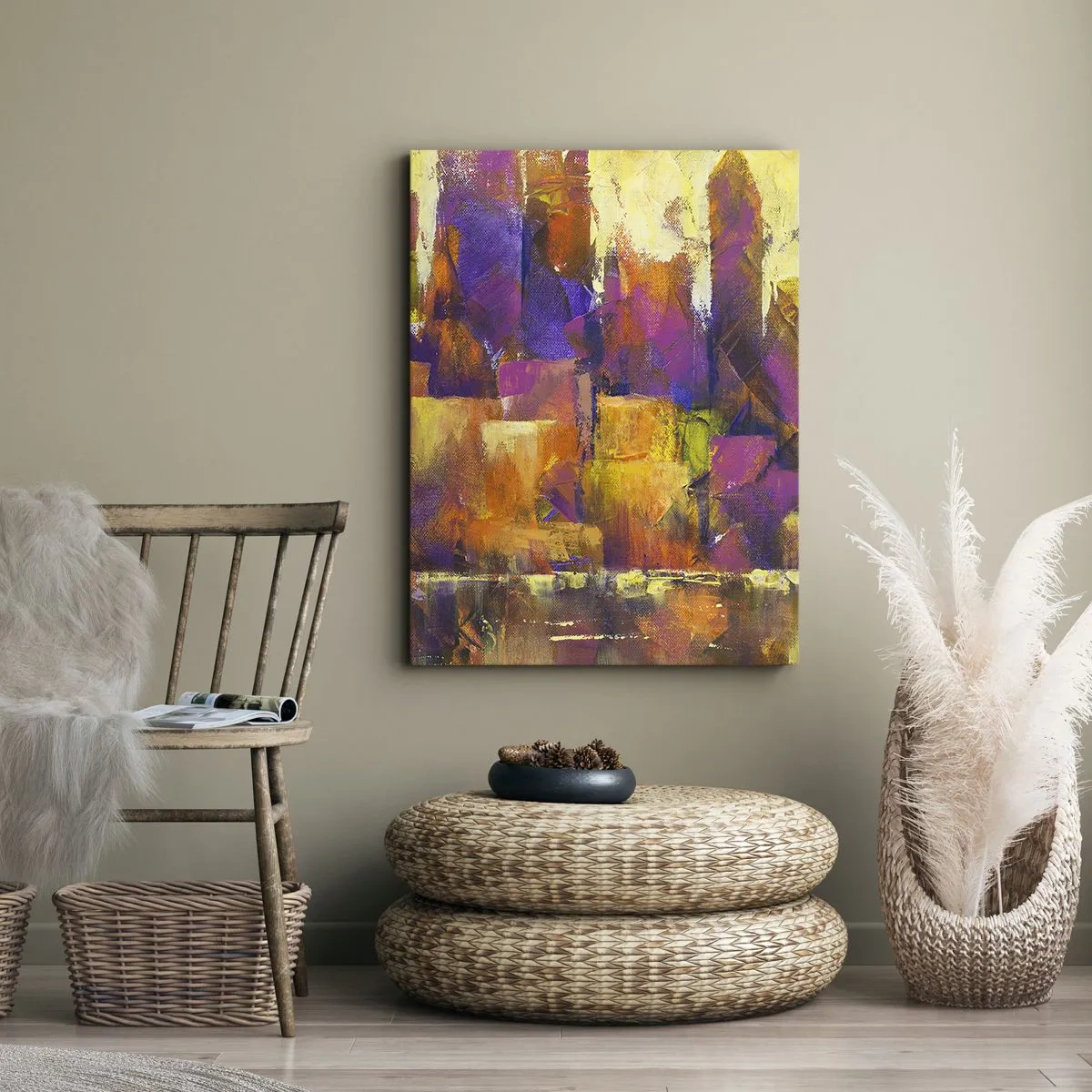 Quadro su tela - Stampe su Tela - Composizione astratta di una metropoli nei toni del giallo e del viola - 50x70cm - Composizione metropolitana - Decorazione murale moderna per soggiorno e camera da letto ARTTOR