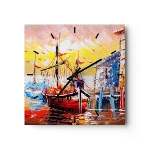 Orologio da parete - Orologio in Vetro - Pittoresco porto al tramonto con barche da pesca - 30x30cm - Ritorno felice - Decorazione murale moderna per soggiorno e camera da letto ARTTOR