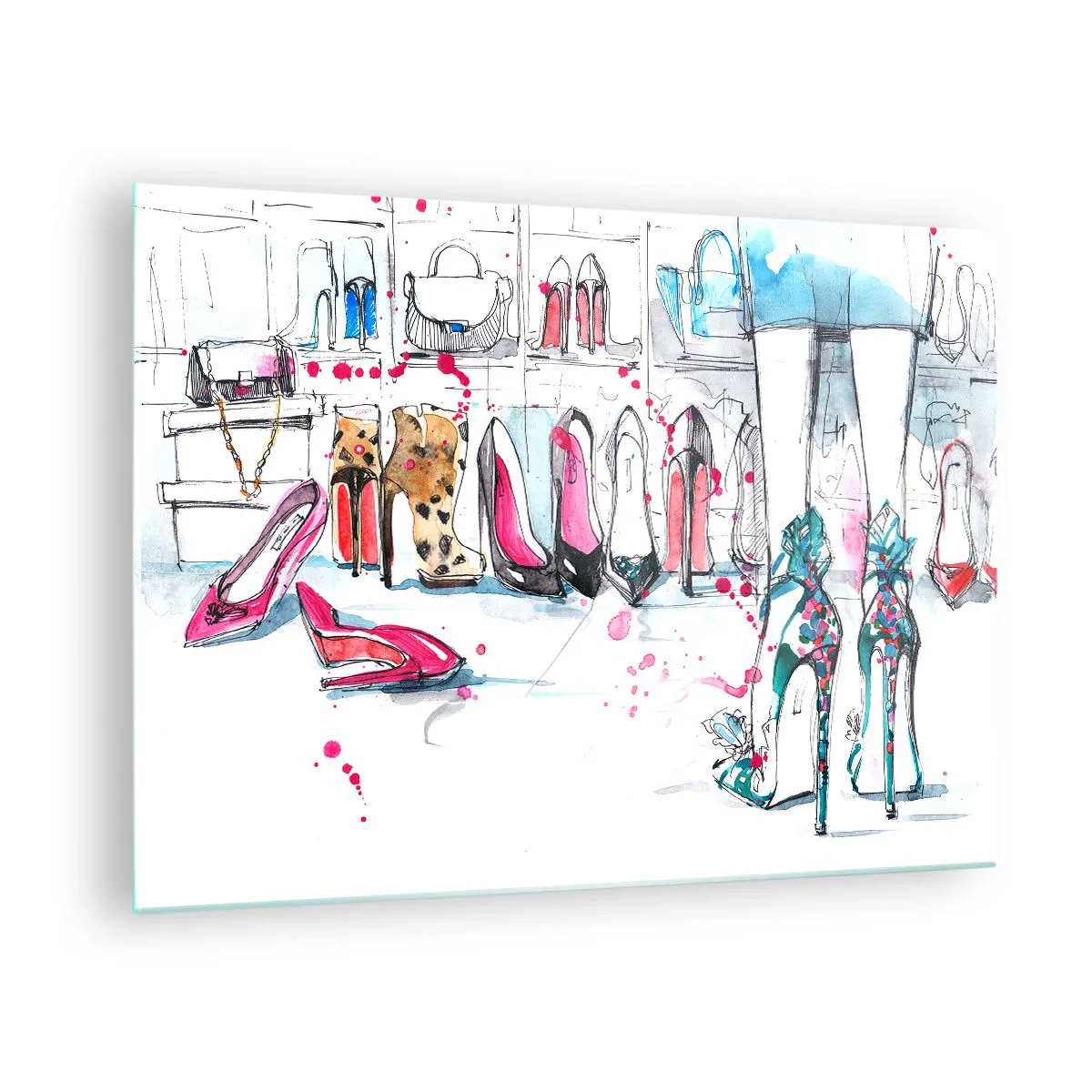 Quadro su vetro - Illustrazione di eleganti tacchi alti in un negozio - 70x50cm - Apriti sesamo - Decorazione murale moderna per soggiorno e camera da letto ARTTOR