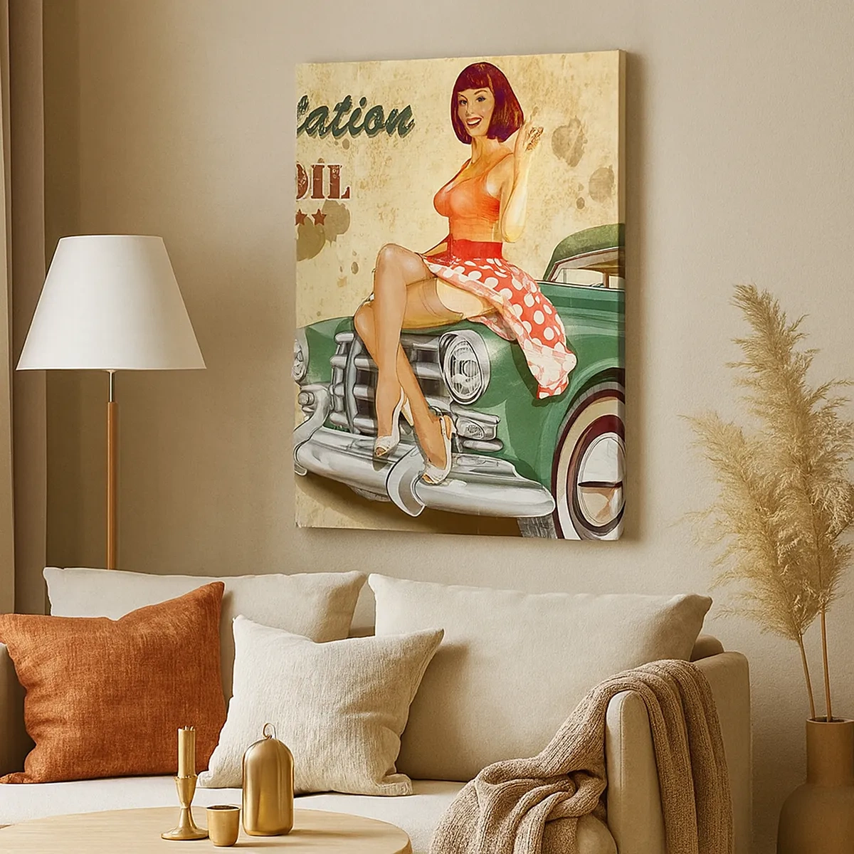 Quadro su tela - Stampe su Tela - Poster retrò della Route 66 con ragazza pin-up e macchina - 50x70cm - I fantastici anni '40 - Decorazione murale moderna per soggiorno e camera da letto ARTTOR