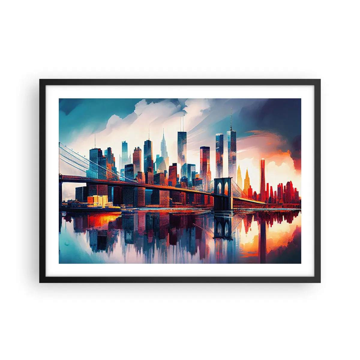 Poster in cornice nera - Panorama di New York City con ponte e riflesso nell'acqua - 70x50cm - Una New York spettacolare - Decorazione murale moderna per soggiorno e camera da letto ARTTOR