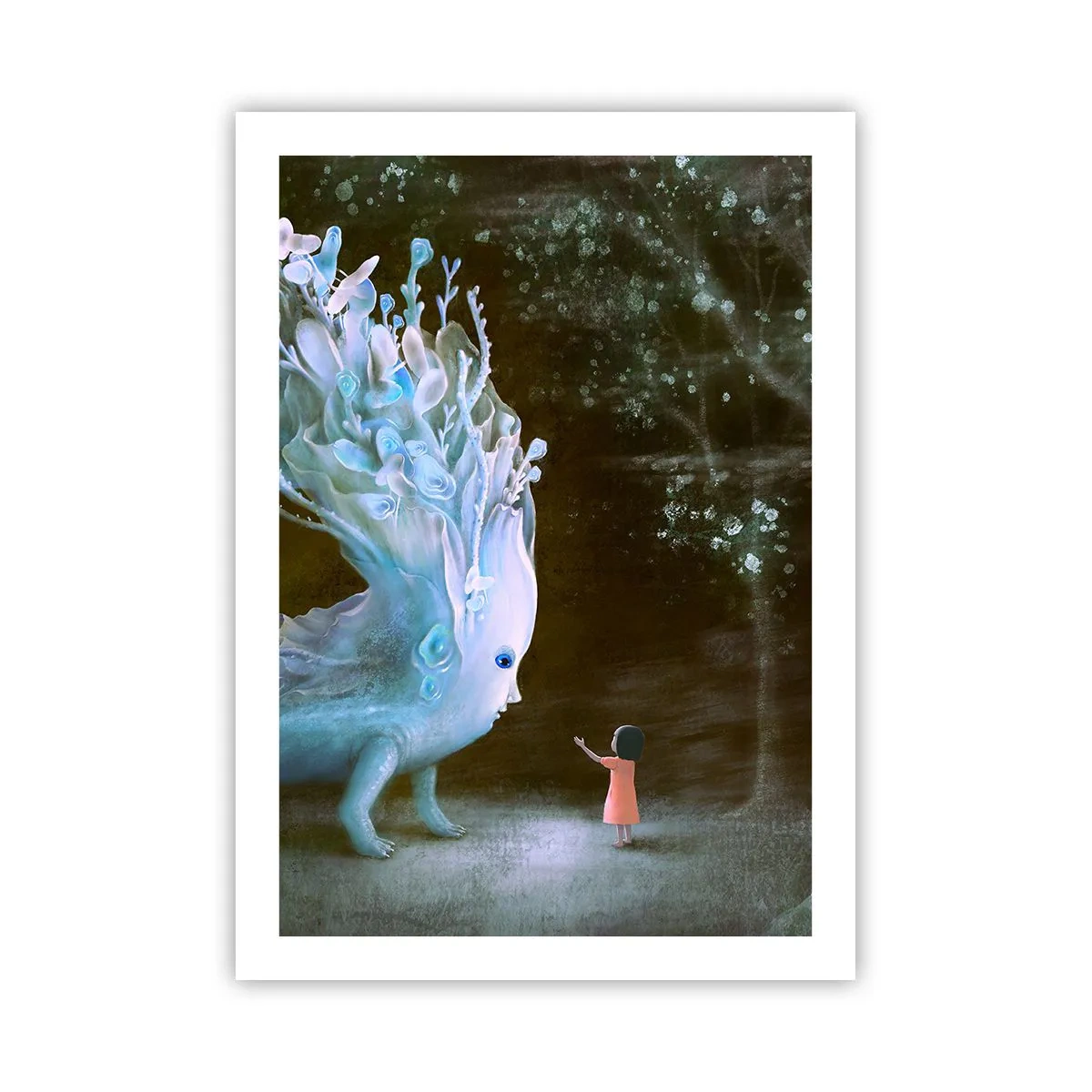 Poster - Una ragazza nella foresta incontra una creatura magica in un ambiente luminoso. - 50x70cm - Incontro fantastico - Decorazione murale moderna per soggiorno e camera da letto ARTTOR